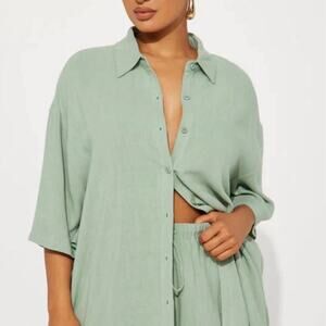 Fashion Nova No Secrets Linen Short Set Sage Two Piece Set Button Up Top Shorts